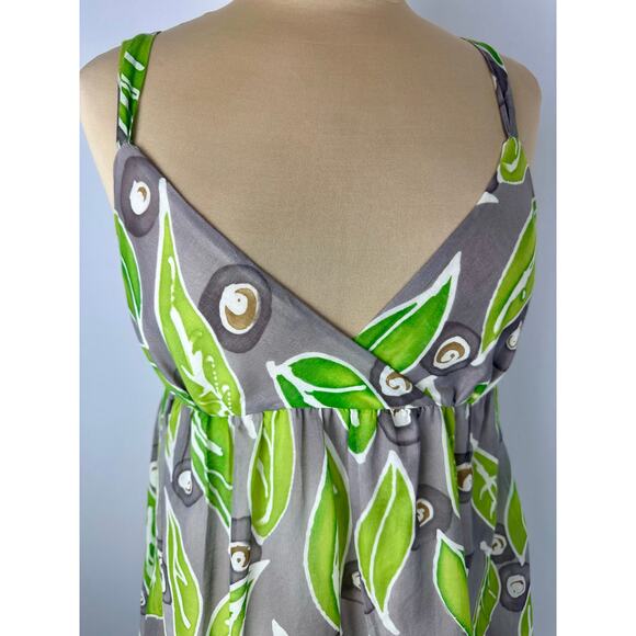 Vince. Size 8 Empire Waist Silk Mini Dress Gray Green Sundress Leaf Leaves Boho - Picture 4 of 11